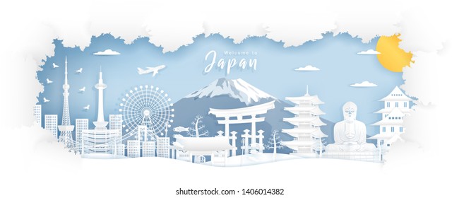 Famous Travel Landmark and Attraction in Japan, Postcard, Poster, Banner, Cover Image, Advertising Template, Object and Element in Paper Cut Style in Panorama Tree Frame Background Vector Illustration