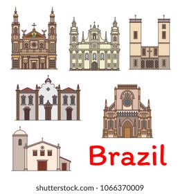 Famous travel landmark of Brazil icon set. Church and Chapel of Our Lady of the Rosary and Saint Benedict, Basilica of Our Lady of Nazareth, Bom Despacho Church and Our Lady of Grace Cathedral