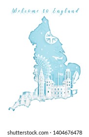 Famous Travel Landmarks and Attractions in England, Postcard, Poster, Banner, Cover Page, Advertising Template, Object and Element in Paper Cut Style, England Map Background Vector Illustration