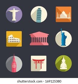 Famous travel landmarks flat icon set. Vector de contenido editorial de stock