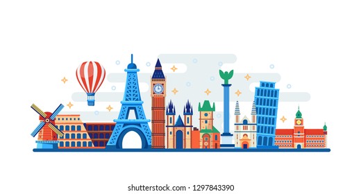 Famous travel and touristic landmarks. Vector flat illustration. World travel concept. Horizontal banner or poster design elements.