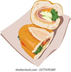 Famous Vietnamese food is banh mi thit, popular street food from bread stuffed with raw material: grilled pork and fresh herbs as scallions, coriander, carrot, cucumber, chilli