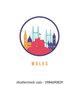 Famous Wales landmarks silhouette. Colorful Wales skyline round icon. Vector template for postmark, stamp, badge or logo.