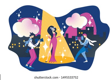 Famous Woman Actress in Fashion Dress Posing. Man Paparazzi Photographer Take Pictures Vector Illustration. Movie Premiere Event. Film Festival. Female Celebrity Photo, Journalist Reporter