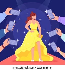 Famous woman in camera smartphones. Celebrity model or success actress on carpet catwalk posing for phone photographers, smile diva girl at journalist interview vector illustration of woman smartphone