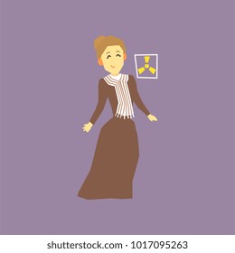 Famous woman scientist - Marie Curie. Discoverer of two radioactive elements radium and polonium. Cartoon character in long old-fashioned dress. Flat vector design