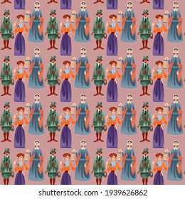 Famous women. Bessie Coleman, Emmeline Pankhurst, Florence Nightingale. Seamless background pattern. Vector illustration svg