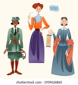 Famous women. Bessie Coleman, Emmeline Pankhurst, Florence Nightingale. Vector illustration.  svg