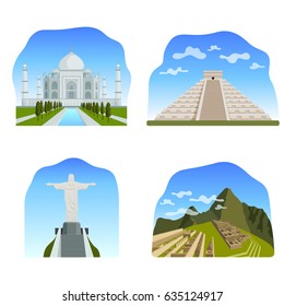 Famosas maravillas del mundo: Taj Mahal, Chichén Itza, Cristo Redentor y Machu Picchu.