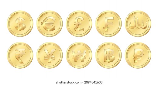 Famous world currencies in golden coin concept. Dollar, Euro, British Pound, Swiss Franc, Islamic Rial, Indian Rupee, Chinese Yuan, Korean won, Thai Baht and Russian Ruble. Vector isolated on white