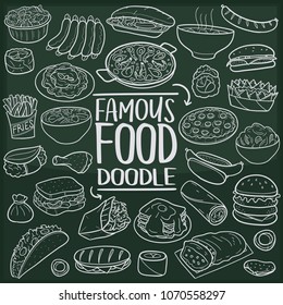 Famous World Food Doodle Line Icon Chalkboard Sketch Hand Made Vector Art.