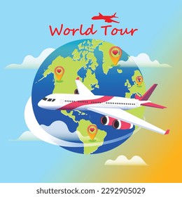 Famous world landmarks located around the globe isolated on white background. Bright colorful design for travel and tourism with copy space. Hand drawn vector.