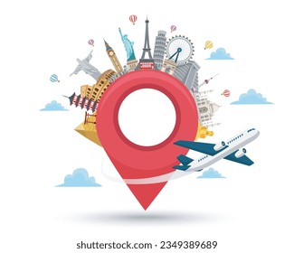 famous world landmarks and monuments with pin. road trip concept. travel around the world by plane. vector illustration flat design on white background.