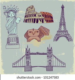 Famous World Landmarks - Set of hand drawn most famous world landmarks, including Statue of Liberty, Great Sphinx, Colosseum, London Bridge and Eiffel tower, on a grungy vintage postcard background