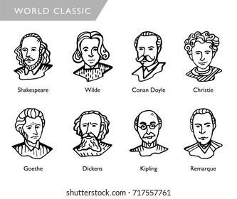 famous world writers, vector portraits, Shakespeare, Wilde, Conan Doyle, Christie, Goethe, Dickens, Kipling, Remarque