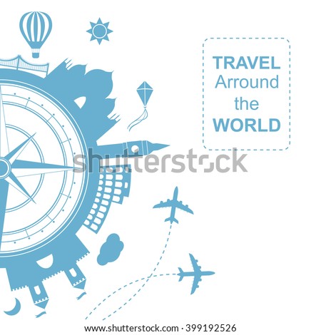 Famouse places. Travel arround the world vector illustration. Travelling by plane, airplane trip in various country.  Flat icon modern design style poster.