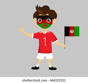 Fan of  Afghanistan national football team, sports. Boy with flag in the colors of the national command with sports paraphernalia.