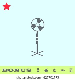 Fan air conditioner icon flat. Grey pictogram on blue background. Vector illustration symbol and bonus buttons medal, cow, earth, eye, calculator