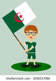 Fan of Algeria national football, hockey, basketball team, sports. Boy with Algeria flag in the colors of the national command with sports paraphernalia. Boy with Algerian flag in the form of a sport.