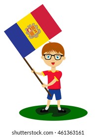 Fan of Andorra la Vella national football team, sports. Boy with flag in the colors of the state command with sports paraphernalia.