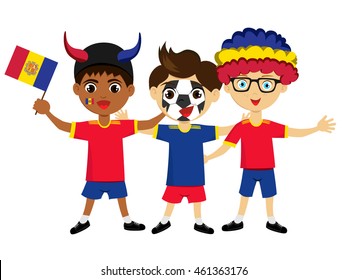 Fan of Andorra la Vella national football team, sports. Boy with flag in the colors of the state command with sports paraphernalia.