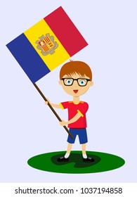 Fan of Andorra national football, hockey, basketball team, sports. Boy with Andorra flag in the colors of the national command with sports paraphernalia. Boy with Andorra flag in the form of a sport.