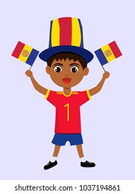 Fan of Andorra national football, hockey, basketball team, sports. Boy with Andorra flag in the colors of the national command with sports paraphernalia. Boy with Andorra flag in the form of a sport.