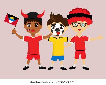 Fan of Antigua and Barbuda national football, hockey, basketball team, sports. Boy with Antigua and Barbuda flag in the colors of the national command with sports paraphernalia. Boy with Antigua flag