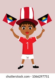 Fan of Antigua and Barbuda national football, hockey, basketball team, sports. Boy with Antigua and Barbuda flag in the colors of the national command with sports paraphernalia. Boy with Antigua flag