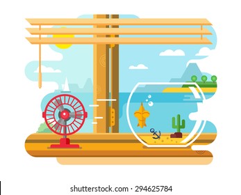 Fan and Aquarium on windowsill next to open window concept flat vector illustration