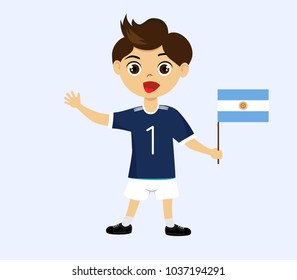 Fan of Argentina national football, hockey, basketball team, sports. Boy with Argentina flag of the national command with sports paraphernalia. Boy with Argentina flag in the form of a sport.