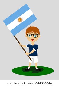 Fan of  Argentina national football team, sports. Boy with flag in the colors of the national command with sports paraphernalia.