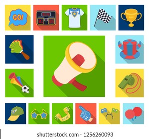 Fan and Attributes flat icons in set collection for design. Sports Fan vector symbol stock web illustration.