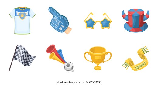 Fan and Attributes icons in set collection for design. Sports Fan vector symbol stock web illustration.