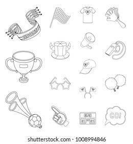 Fan and Attributes outline icons in set collection for design. Sports Fan vector symbol stock web illustration.