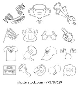 Fan and Attributes outline icons in set collection for design. Sports Fan vector symbol stock web illustration.