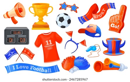 Fan attributes. Soccer cheer accessories, football support attribute fans hat scarf whistle trumpet megaphone sport sticker stadium game play collection, neat vector illustration of competition game