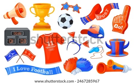Fan attributes. Soccer cheer accessories, football support attribute fans hat scarf whistle trumpet megaphone sport sticker stadium game play collection, neat vector illustration of competition game