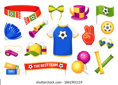 Fan attributes, sport competition celebration and support. Championship decoration. Vector flat style cartoon fan attributes illustration isolated on white background