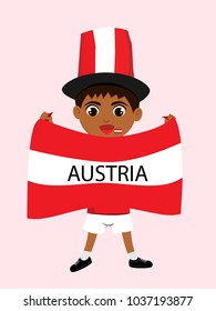 Fan of Austria national football, hockey, basketball team, sports. Boy with Austria flag in the colors of the national command with sports paraphernalia. Boy with Austria flag in the form of a sport.