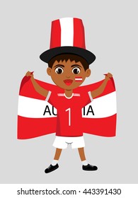 Fan of Austria national football team, sports. Boy with flags in the colors of the national command with sports paraphernalia