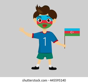 Fan of Azerbaijan national football team, sports. Boy with flag in the colors of the national command with sports paraphernalia.