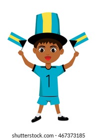 Fan of Bahamas national football team, sports. Boy with flag in the colors of the state command with sports paraphernalia.