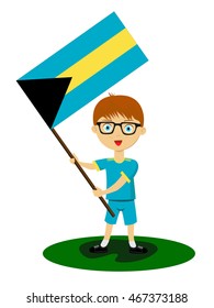 Fan of Bahamas national football team, sports. Boy with flag in the colors of the state command with sports paraphernalia.