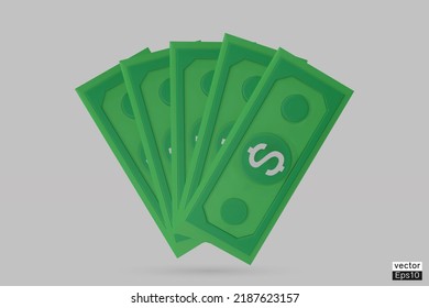 Fan banknote cartoon set minimal style isolated on white background. The pile of dollars cash, green banknotes. US Dollar bills icon. Banking finance investment, jackpot win. 3D vector illustration.