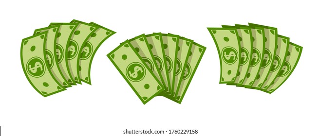 Fan banknote dollar flat cartoon set. Pile of dollars cash, green banknotes, green paper bills. Pay wage money fan. Banking finance investment, jackpot win. Isolated vector illustration