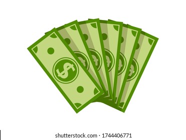 Fan banknote money flat cartoon. Pile of dollars cash, green banknotes, green paper bills. Pay wage dollar fan. Banking finance investment, jackpot win. Isolated vector illustration