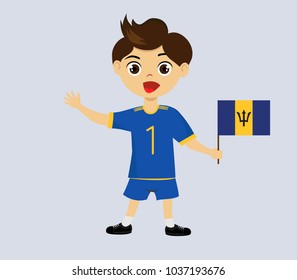 Fan of Barbados national football, hockey, basketball team, sports. Boy with Barbados flag in the colors of the national command with sport paraphernalia. Boy with Barbados flag in the form of a sport