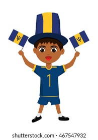 Fan of Barbados national football team, sports. Boy with flag in the colors of the state command with sports paraphernalia.