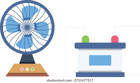 Un ventilador y una batería conectados a una computadora, que ilustran una configuración de enfriamiento y fuente de alimentación.